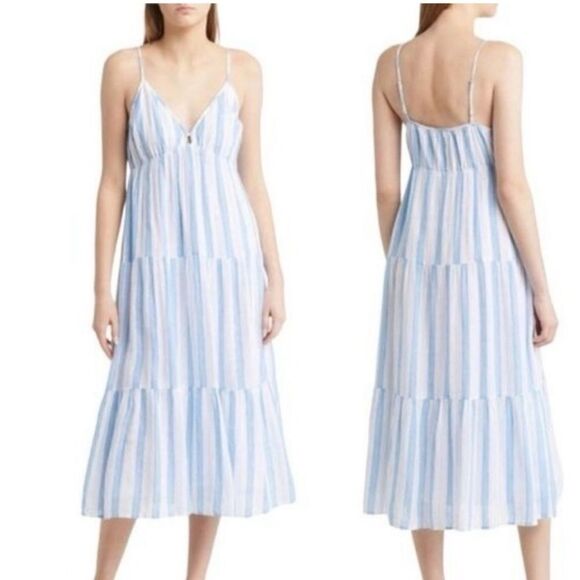NWT - Rails Avril Gibson BLUE WHITE Stripe Midi Sundress Linen Blend | XL - Picture 1 of 9